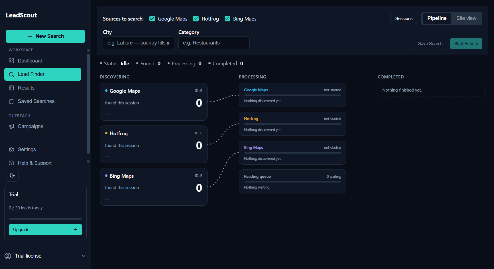 The LeadScout Lead Finder screen, with several sources feeding a live pipeline